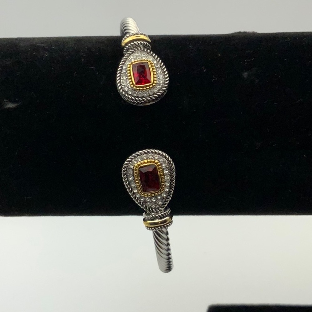 Silver Cable cuff Ruby Red Adjustable Bracelet - Women Jewelry